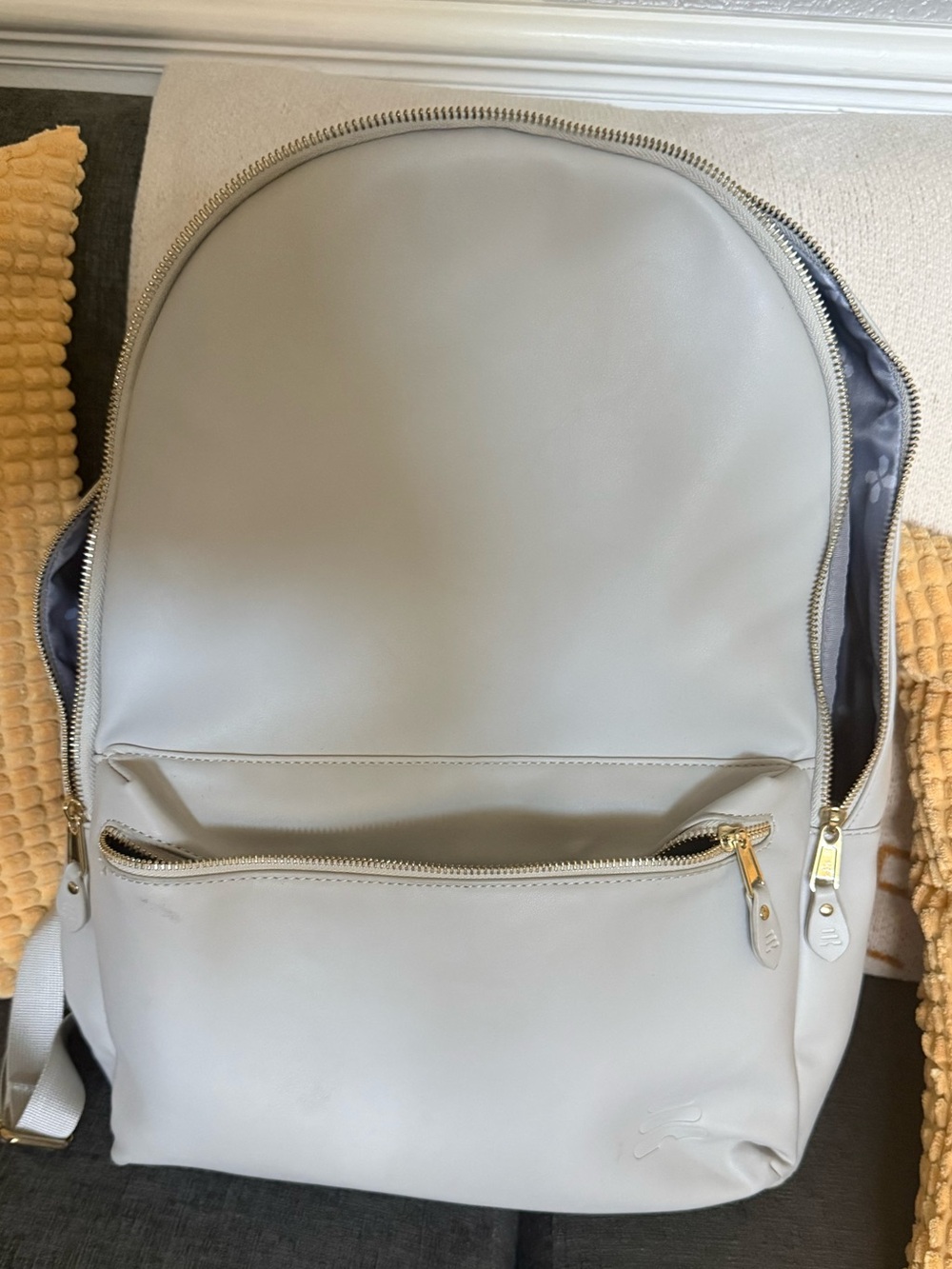 LDS Temple Bag; Minimalist Light Gray Ladles Backpack with Gold Hardware.